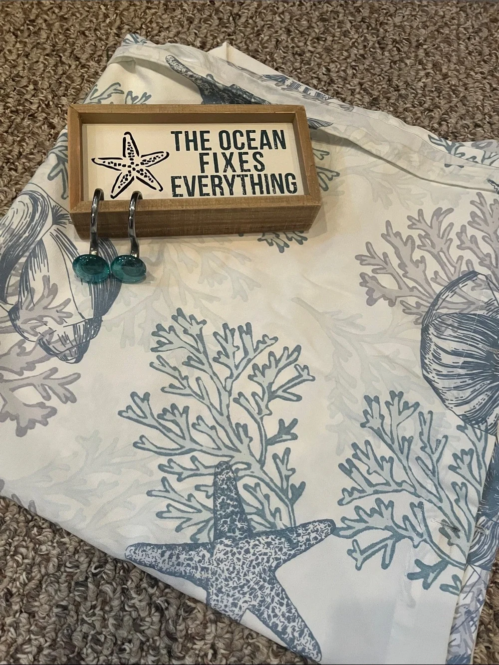Coastal Starfish Coral Print Shower Curtain - Blue on Cream